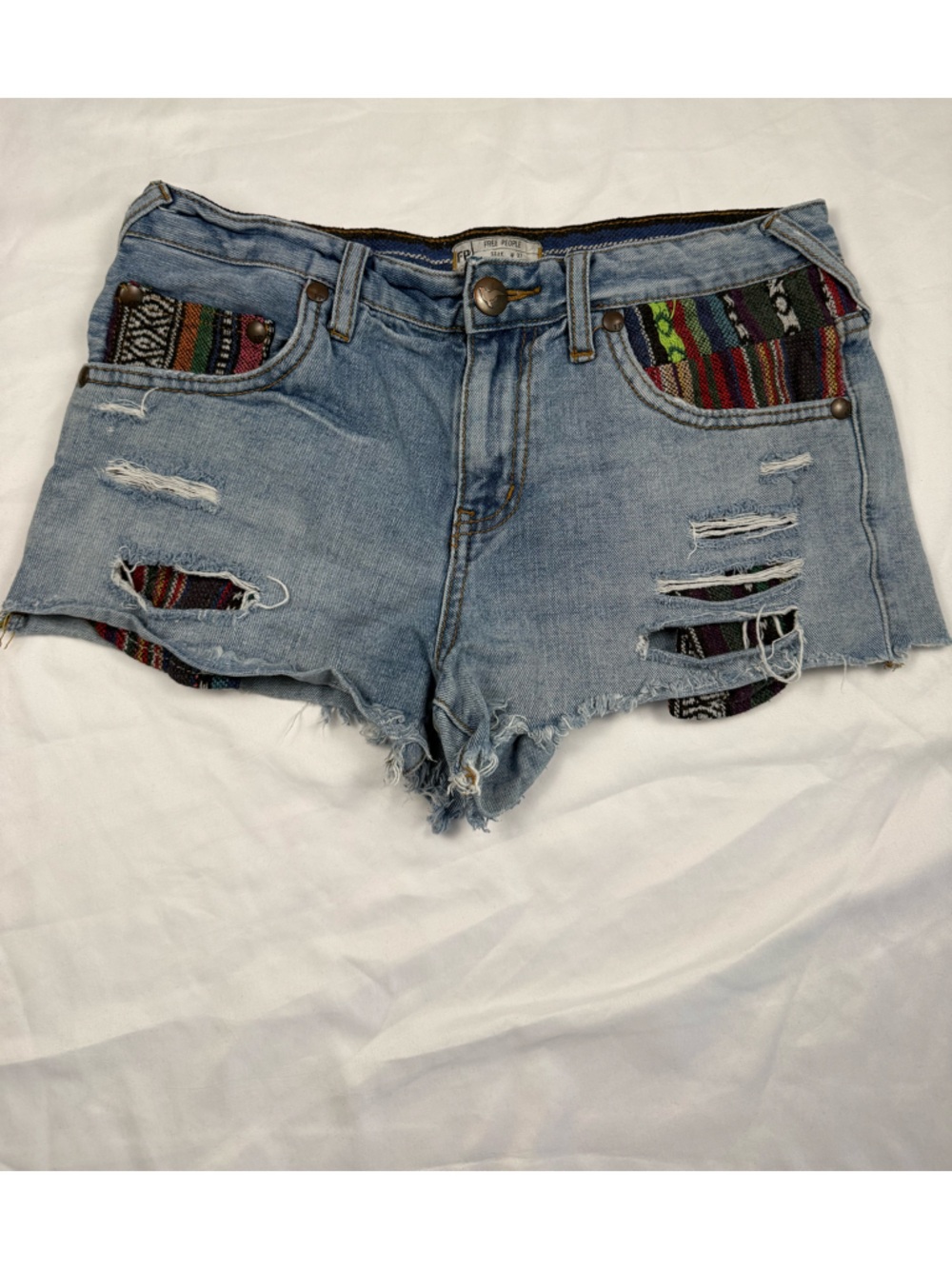 Free People Distressed Denim Shorts Patchwork Boho High Rise Size 27 Cotton